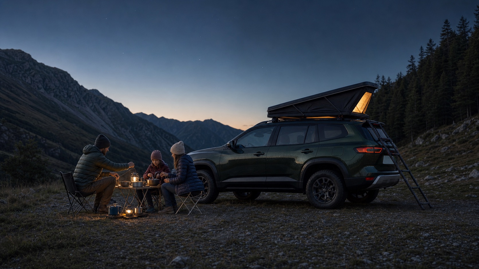 Concept visualization of a family preparing dinner beside an open rooftop tent at dusk