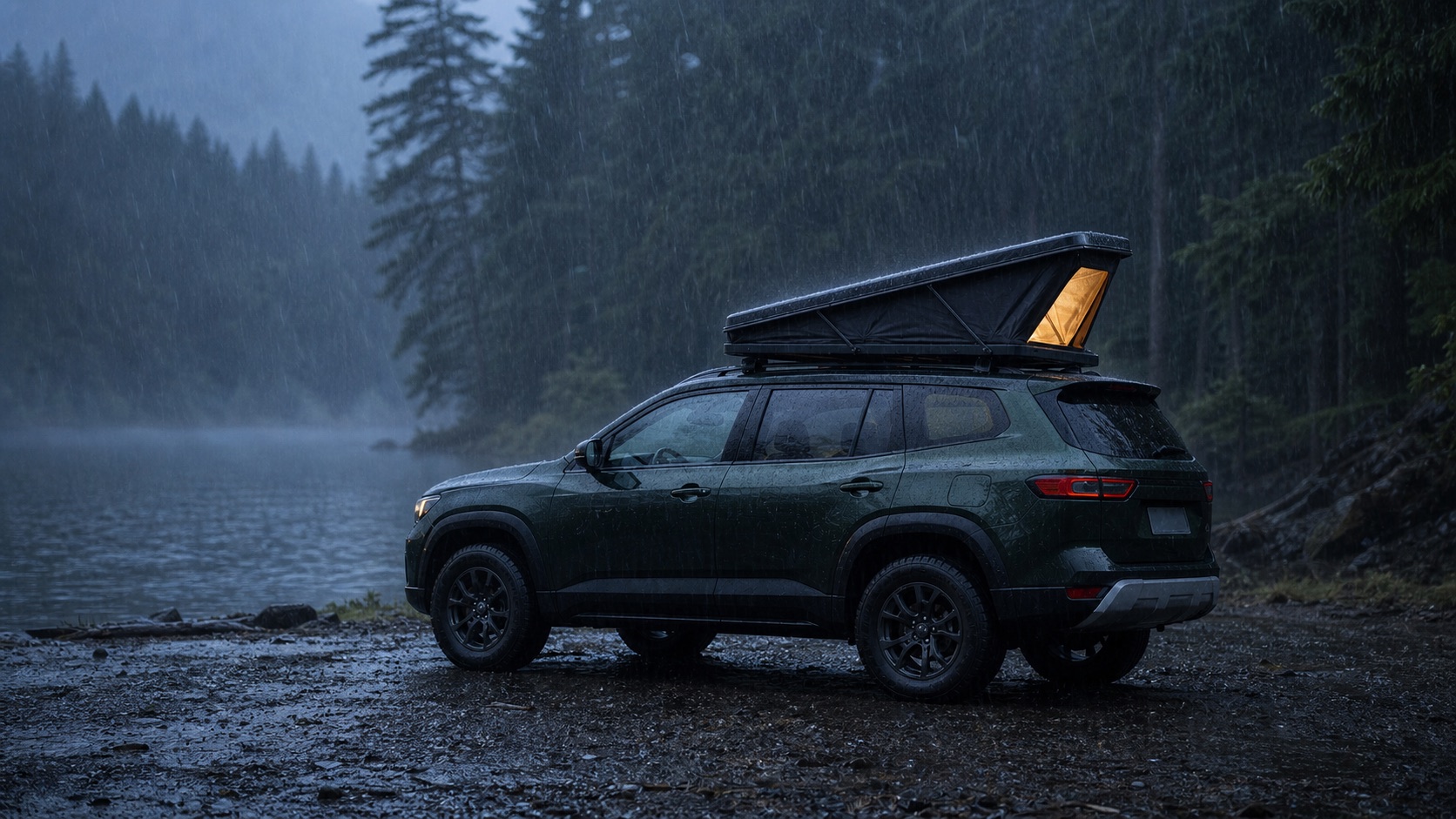 Concept visualization of a wedge rooftop tent beside a rain-soaked forest lake